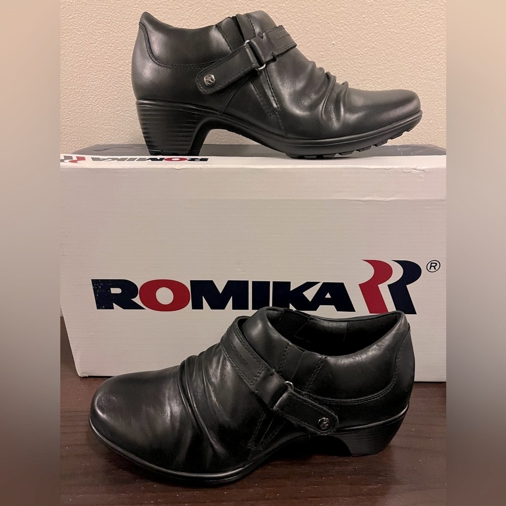 Romika by Josef Seibel Mokassetta Black Leather Comfort Heels EU 37 US 6 6.5 NEW